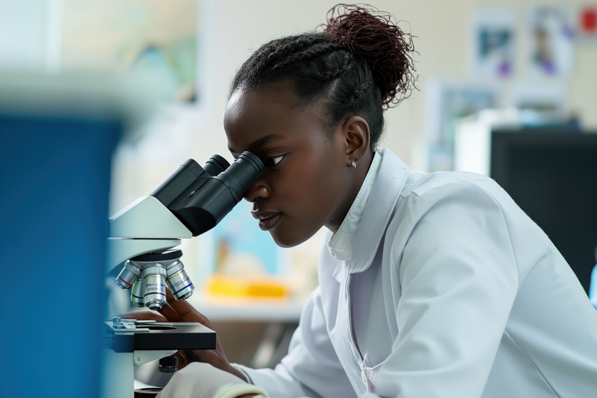 Black female scientist examines object under microscope in laboratory. Woman in white lab coat focuses on experiment with hand on eyepiece. Equipment and computer monitor in blurred background. AdobeStock 1015488797 scaled